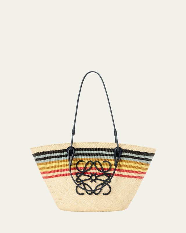 Medium Anagram Striped Tote Bag in Straw and Leather